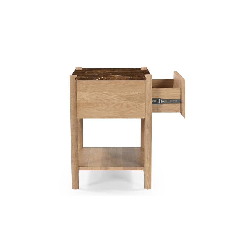 NADAAL STUDIOS Rivenor Nightstand, 1-Drawer, Dark Emperador Marble Top with Oak Body, Brown