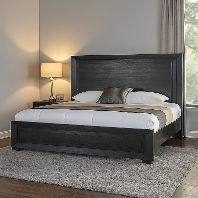 Ashen Queen Bed, LED Headboard, Chrome Metal Legs, Rustic Black Wood