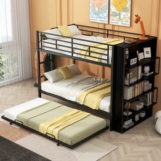 Minimalist Metal Bunk Bed with big bookshelf and Trundle, Twin, Black