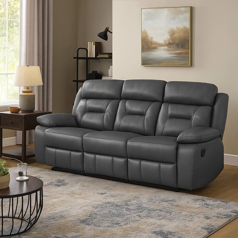 Conia Manual Double Recliner Sofa, Dark Gray Top Grain Leather 87 Inch