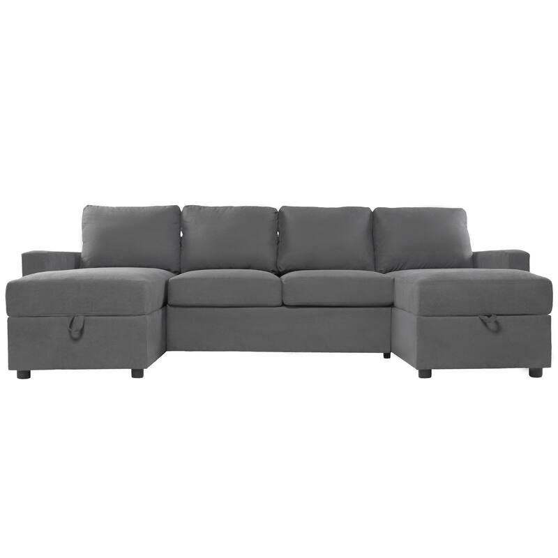 103.9" Sectional Sofa Convertible Sectional Sofa, U-shaped Sofa with Two Storage Chaise Lounges and Four USB Ports