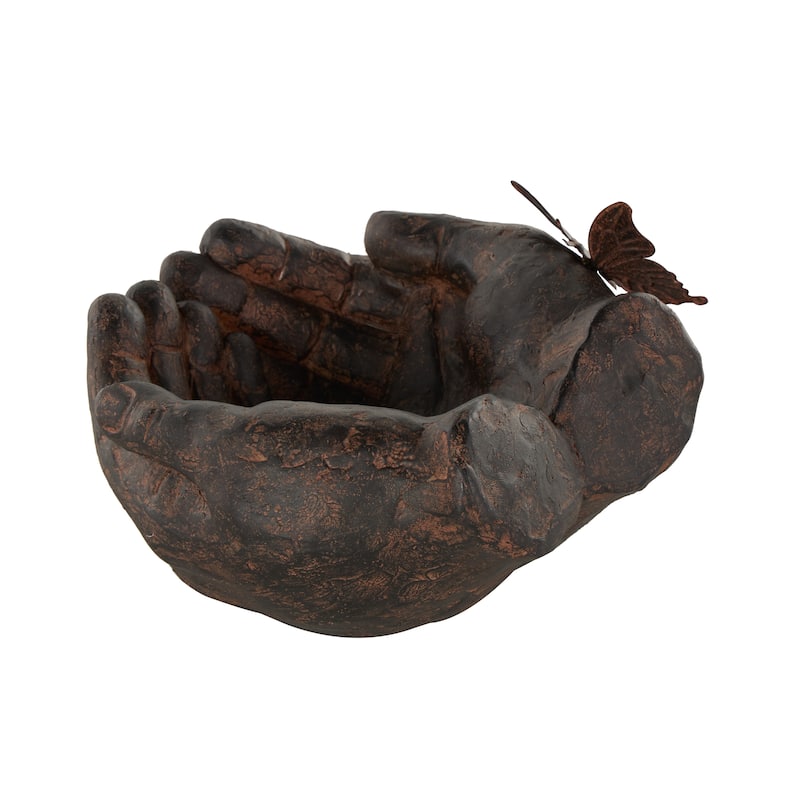 Dark Brown Resin Open Hands Decorative Sculpture with Butterfly and Copper Accents - 8"W x 8"L x 5"H