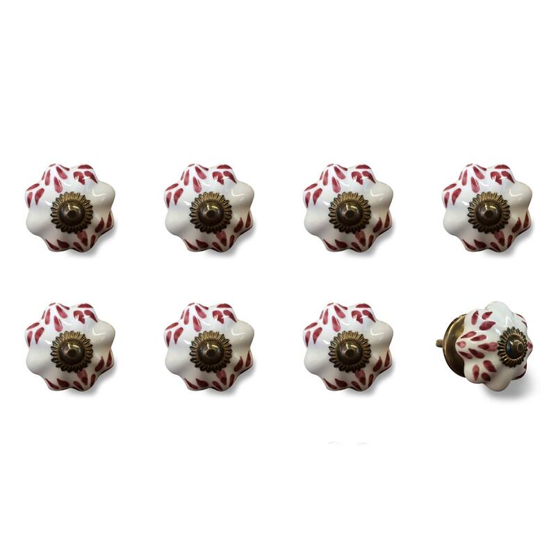 Set of 8 Hand-Painted Brown & White Ceramic Cabinet Knobs Traditional Round Drawer Pulls with Metal Base