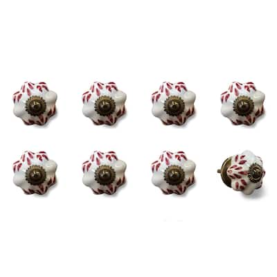 Set of 8 Hand-Painted Brown & White Ceramic Cabinet Knobs Traditional Round Drawer Pulls with Metal Base