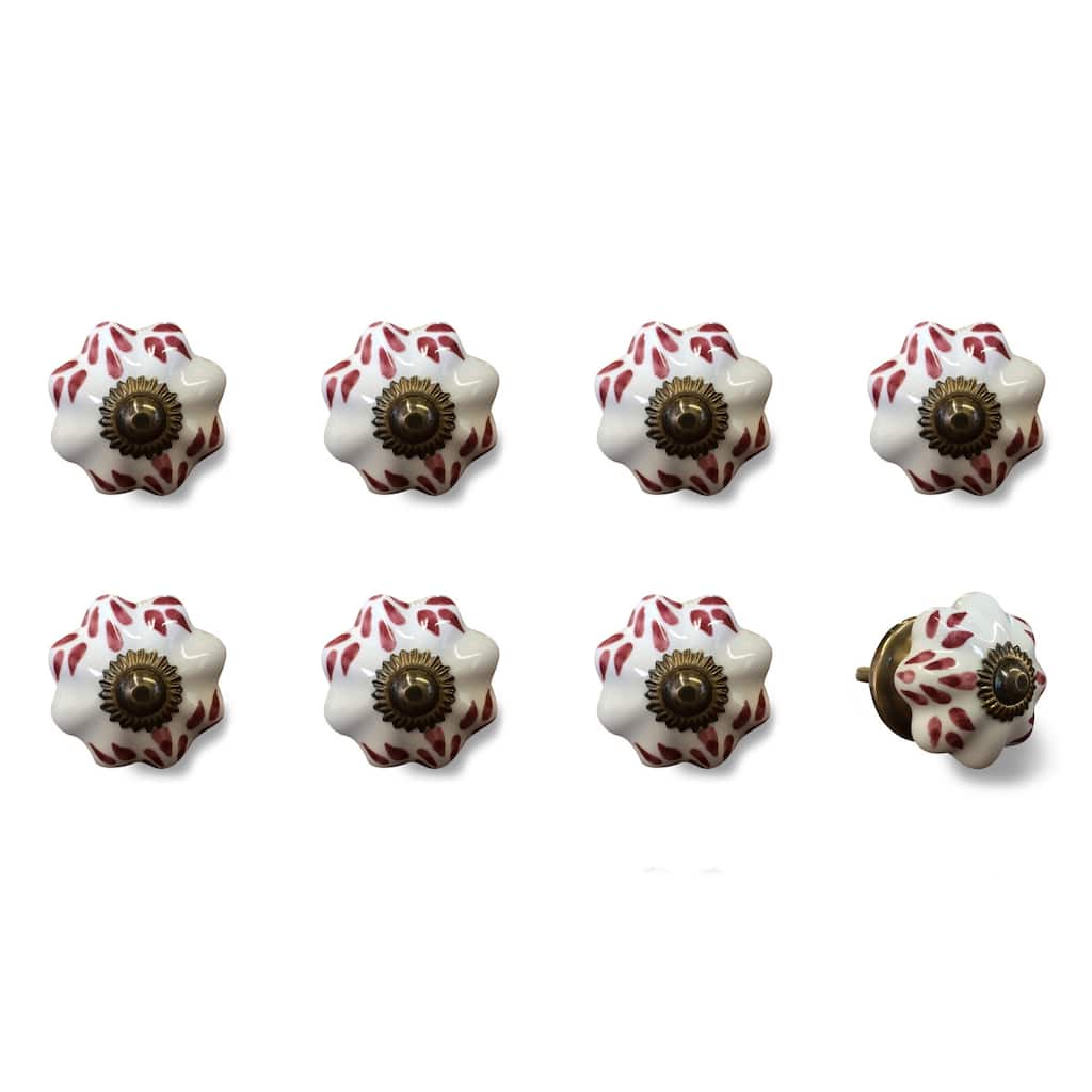 Set of 8 Hand-Painted Brown & White Ceramic Cabinet Knobs Traditional Round Drawer Pulls with Metal Base