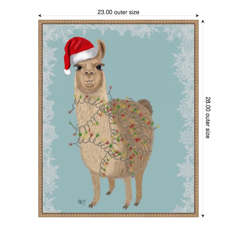 Llama Christmas Lights 2 by Fab Funky (23 x 28 in.), Framed Canvas Wall Art Print - Sylvie Beaded Rustic Natural