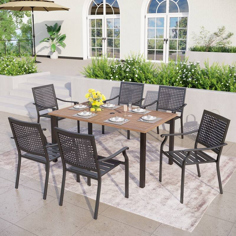 7-Piece Patio E-coating Dining Set of 6 Stackable Chairs & 1 Metal Dining Table - Type A