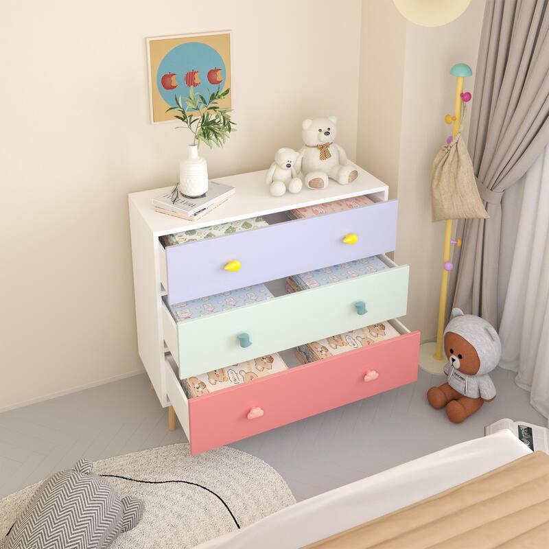 Anmytek Kids 3 Drawer Chest with Pastel Drawers Cartoon Handles Nursery and Playroom Storage