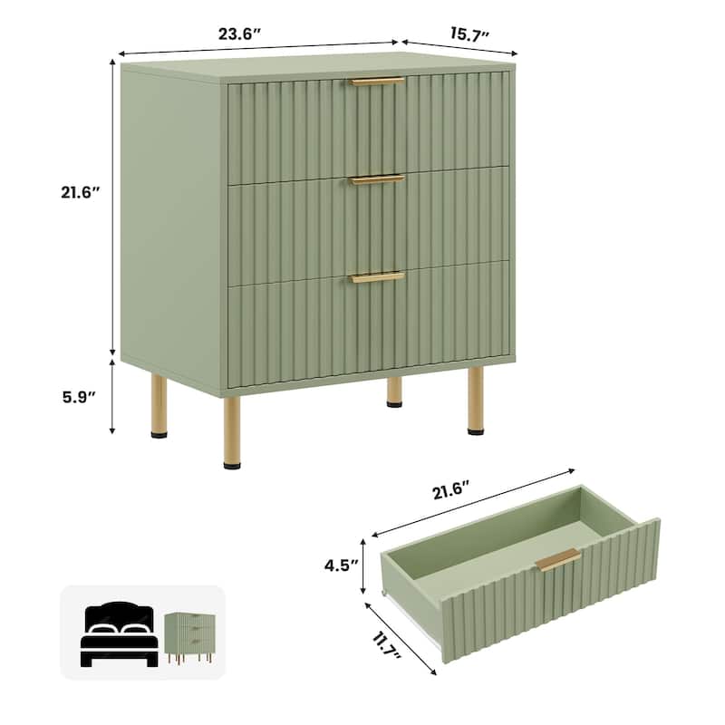Fluted 3 Drawer Dresser for Bedroom, Modern Wooden Chest with Deep Drawers and Wide Top