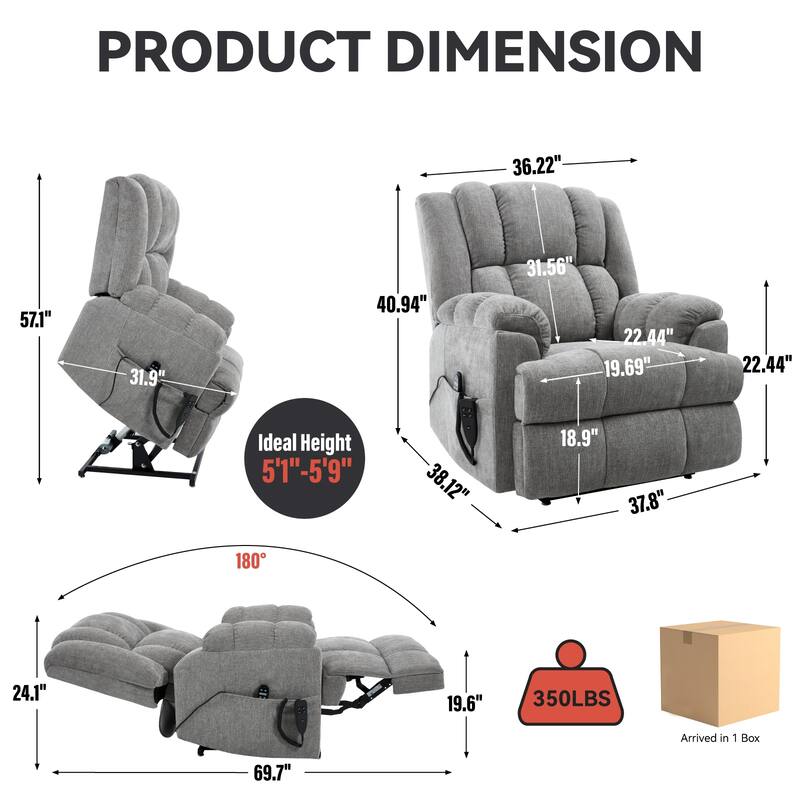 Dual Motor Heat Massage Infinite Position Up to 350 LBS Electric Power Lift Recliners with Power-Remote, Medium-firm