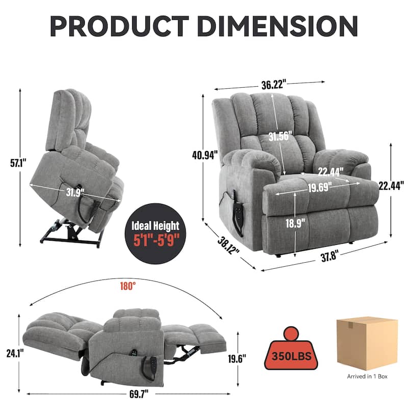 Power Lift Recliner Chair with Dual Motor, Massage and Lumbar Heat, Chenille Upholstery, Infinite Position Adjustment
