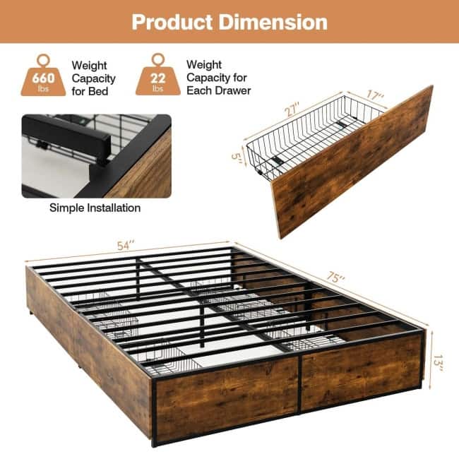 Metal Bed Frame with 4 Drawers