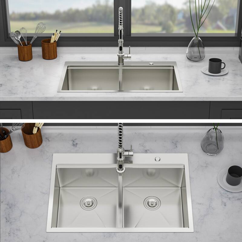 Topmount Drop in Kitchen Sink - 33"x 22" x 10" Double Bowl (60/40) Kitchen Sink 16 Gauge with Two 10" Deep Basin