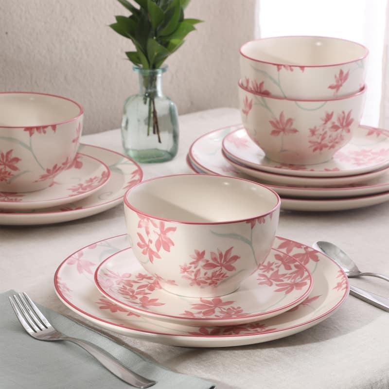 Gibson Home Admiral Hall 12-Piece Stoneware Durable Everyday Dinnerware Set- Plates & Bowls with Floral Pattern
