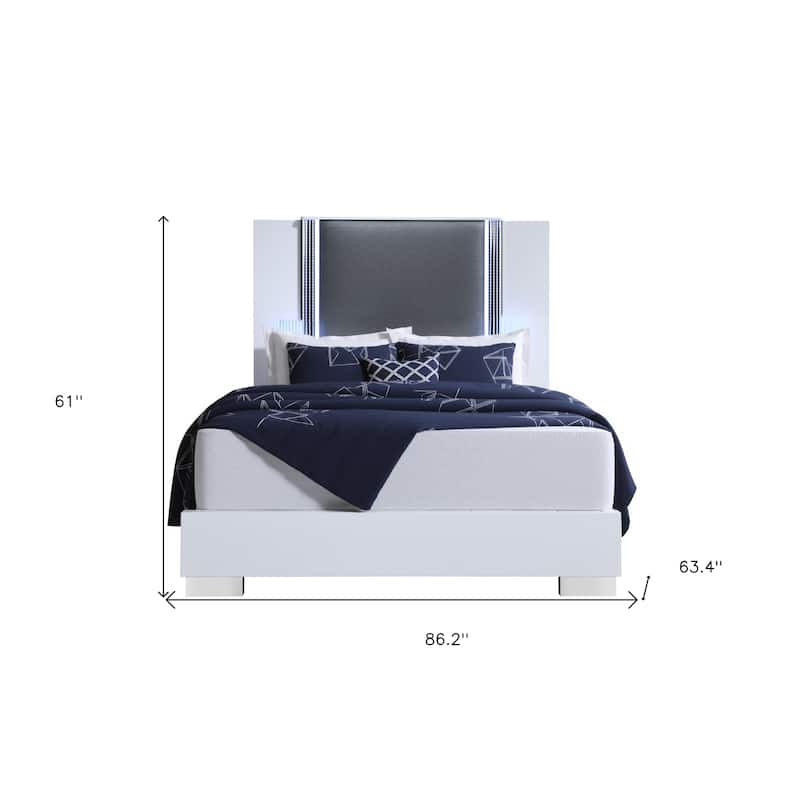 HomeRoots White and Gray Wood And Faux Leather Lighted Queen Bed Frame