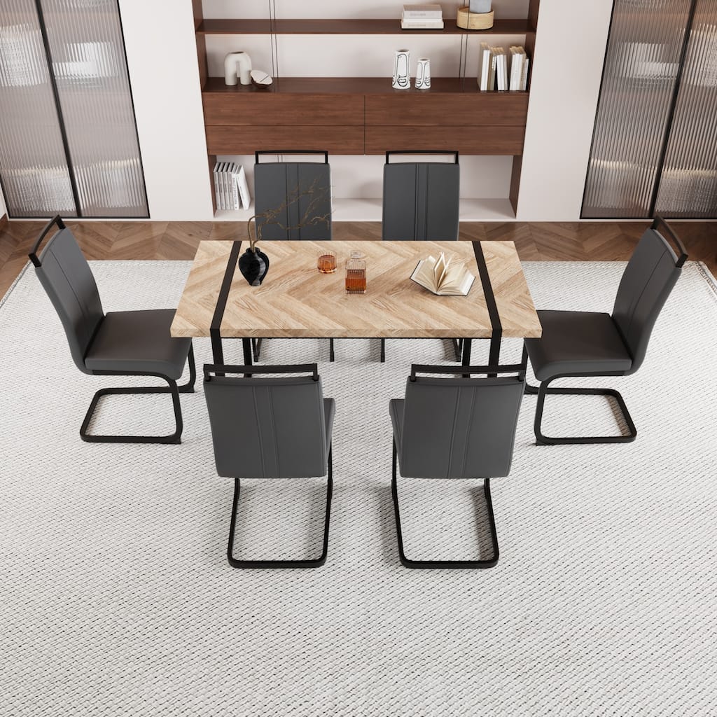 Modern Dining Set with Rectangular MDF Light Wood Table & High Back PU Armless C-shaped Tube Chairs