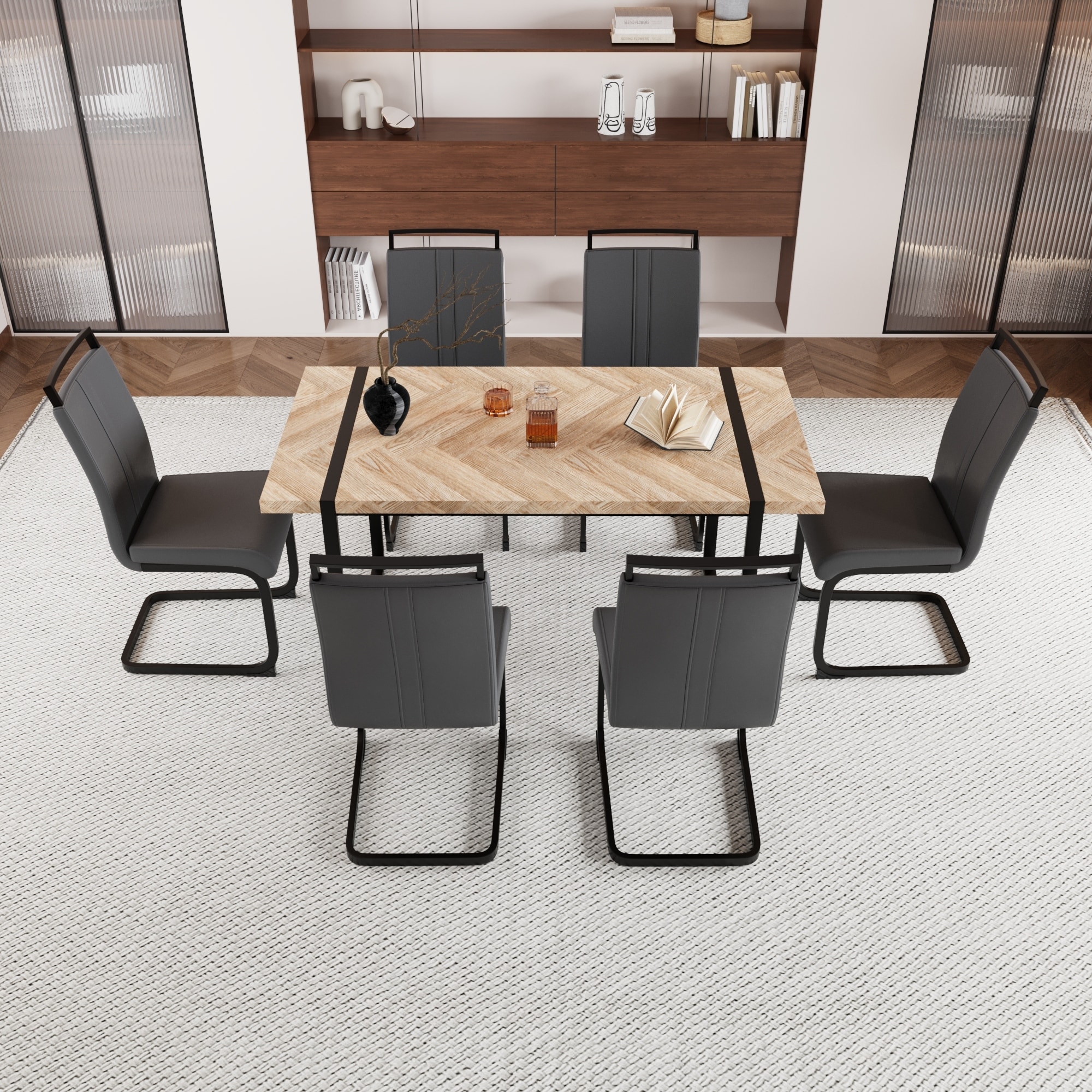 Modern Dining Set with Rectangular MDF Light Wood Table & High Back PU Armless C-shaped Tube Chairs