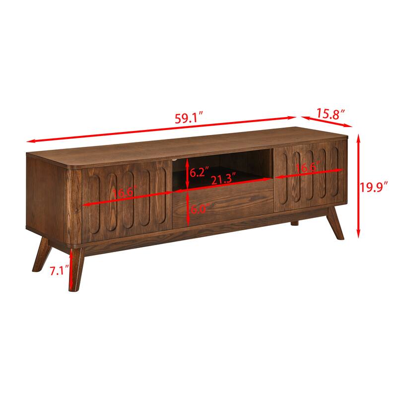 59" Mid-Century Modern TV Stand with Fluted Design, Storage & Solid Wood Legs - Fits 65" TVs