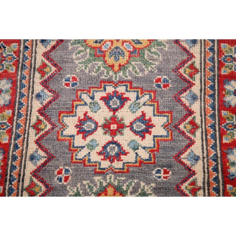 Geometric Kazak Accent Rug Handmade Grey Wool Carpet - 2'1" x 2'11"