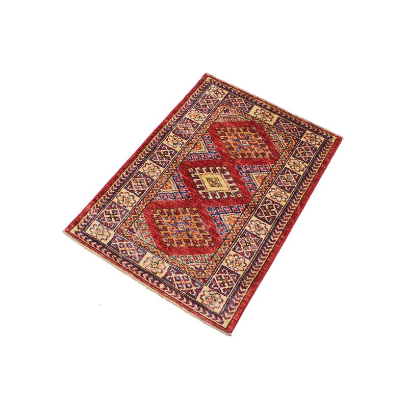 Tribal Super Kazak Caspian Red/Beige Hand Knotted Wool Rug - 2'0'' x 2'10''