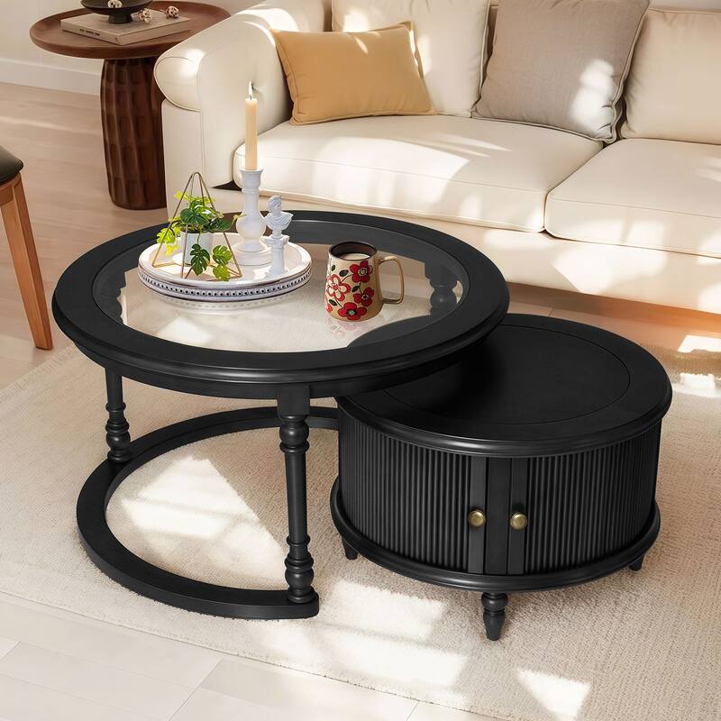 Modern Nesting Coffee Table Set with Glass and Solid Wood Frame