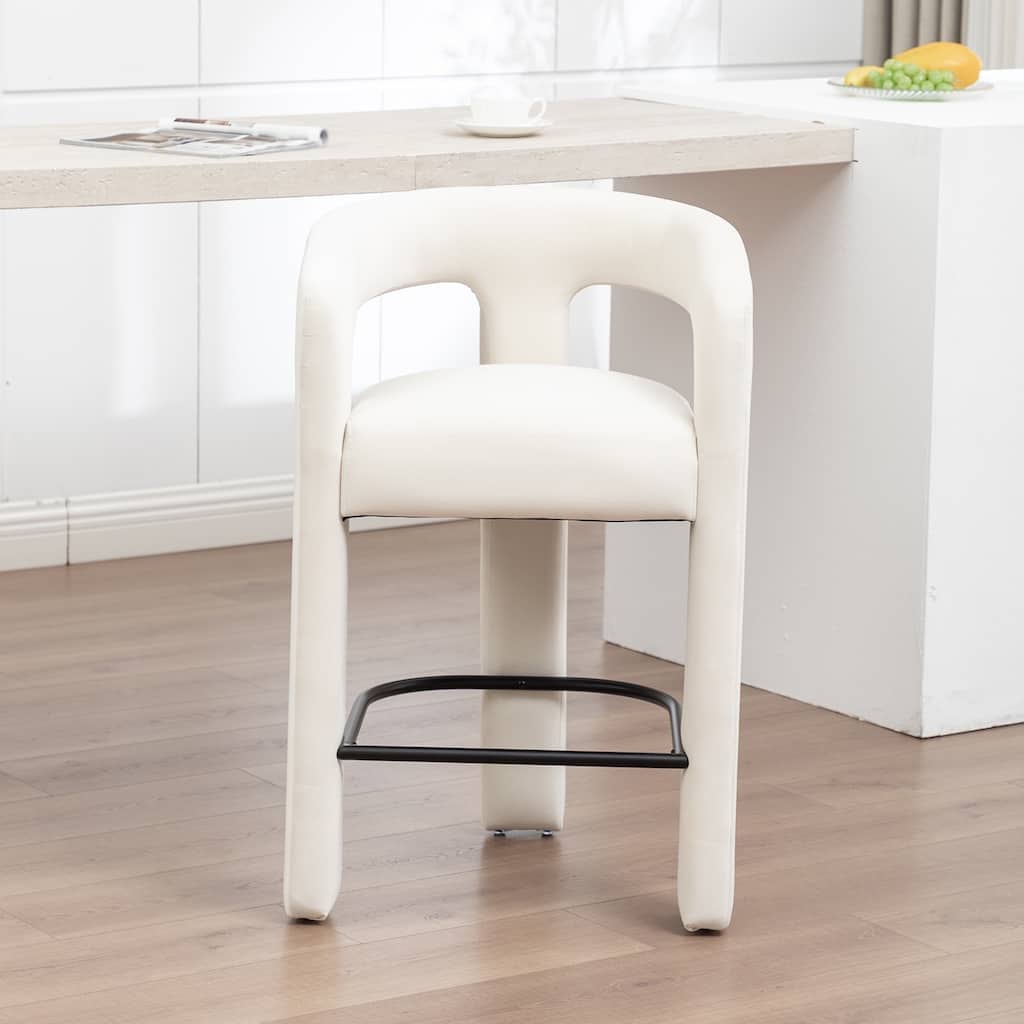 SEYNAR Modern Velvet 34.6''H Fixed Height Open-Back Bar Stool with Metal Footrest