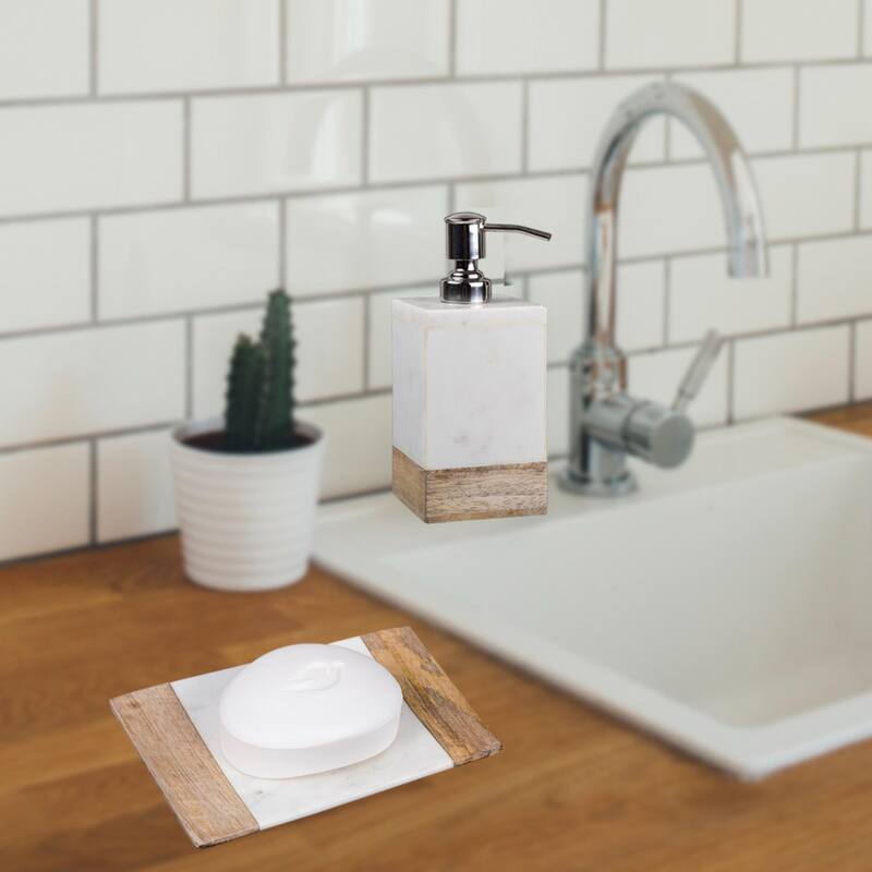 Creative Home Off-White Marble and Mango Wood Soap Dish, Soap Tray, Soap Holder
