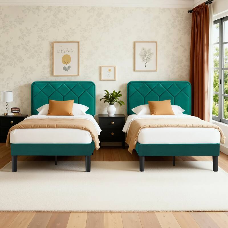 2 Pcs Upholstered Twin Size Platform Bed with Adjustable Headboard Twin Platform Bed Set of 2
