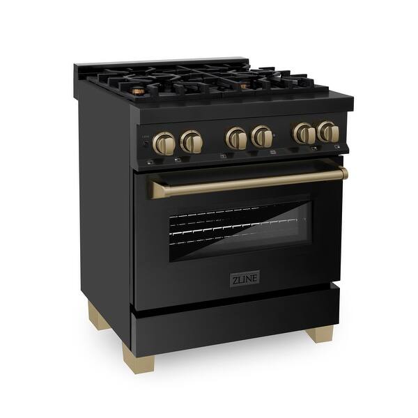 slide 2 of 20, ZLINE Autograph Edition 30" Dual Fuel Range in Black Stainless Steel with Accents Champagne Bronze