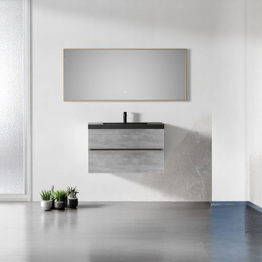 24"/30"/36"/42" Floating Bathroom Vanity with Black Quartz Sand Sink, Grey Wall-Mounted Cabinet, Soft Close Drawers