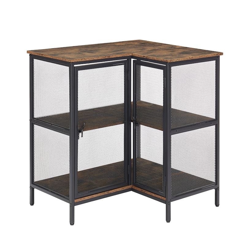 L-shaped Corner Cabinet with Doors and Storage Shelves, Free-Standing 3-tier End Table - Brown