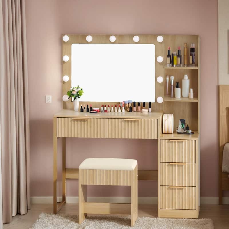 Particle Board Veneered with Textured Melamine, 5-drawer 2-Shelf, comes with 11 Three-color Dimmable Bulbs, Dressing Table Set - Beige