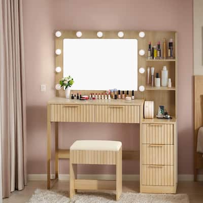 Particle Board Veneered with Textured Melamine, 5-drawer 2-Shelf, comes with 11 Three-color Dimmable Bulbs, Dressing Table Set
