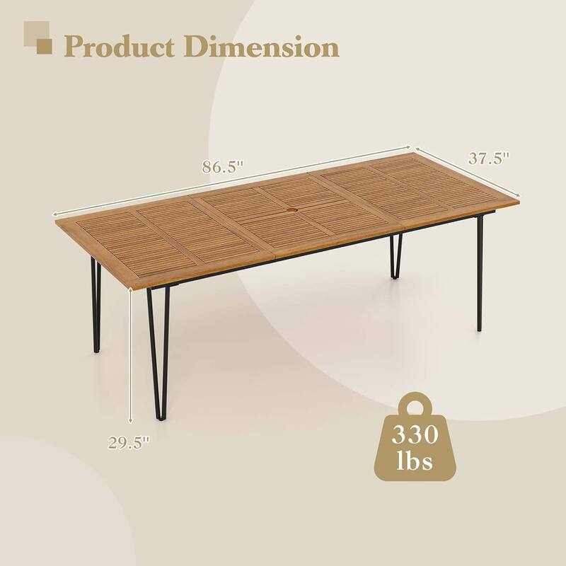 86.5-Inch Outdoor Dining Table w/Acacia Wood Tabletop & Metal Legs