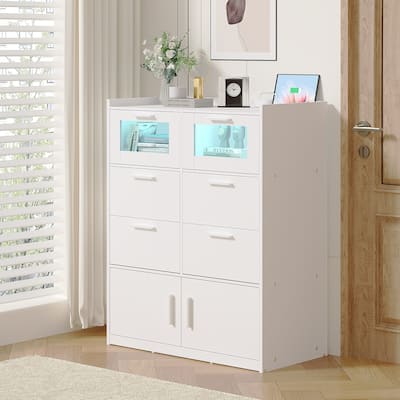 VECELO Bedroom Dresser with Adjustable LED Lights & Power Outlet Chest of 6 Drawers with Raised Edge and Large Storage Capacity