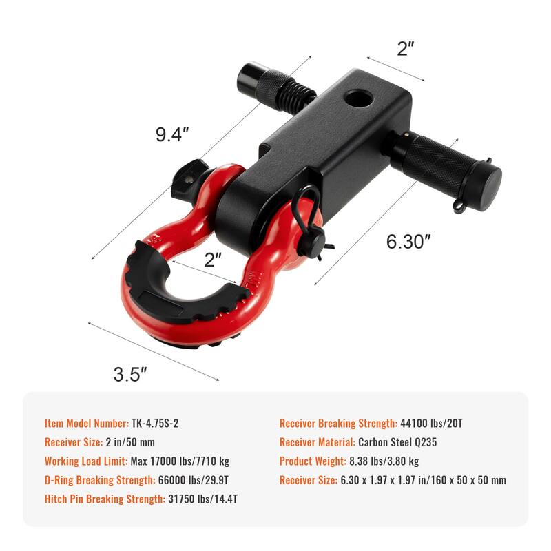 Shackle Hitch Receiver, Fits 2" Receivers, 66000 lbs Breaking Strength, D Ring Shackle with Trailer Hitch Lock Pin, Heavy Duty