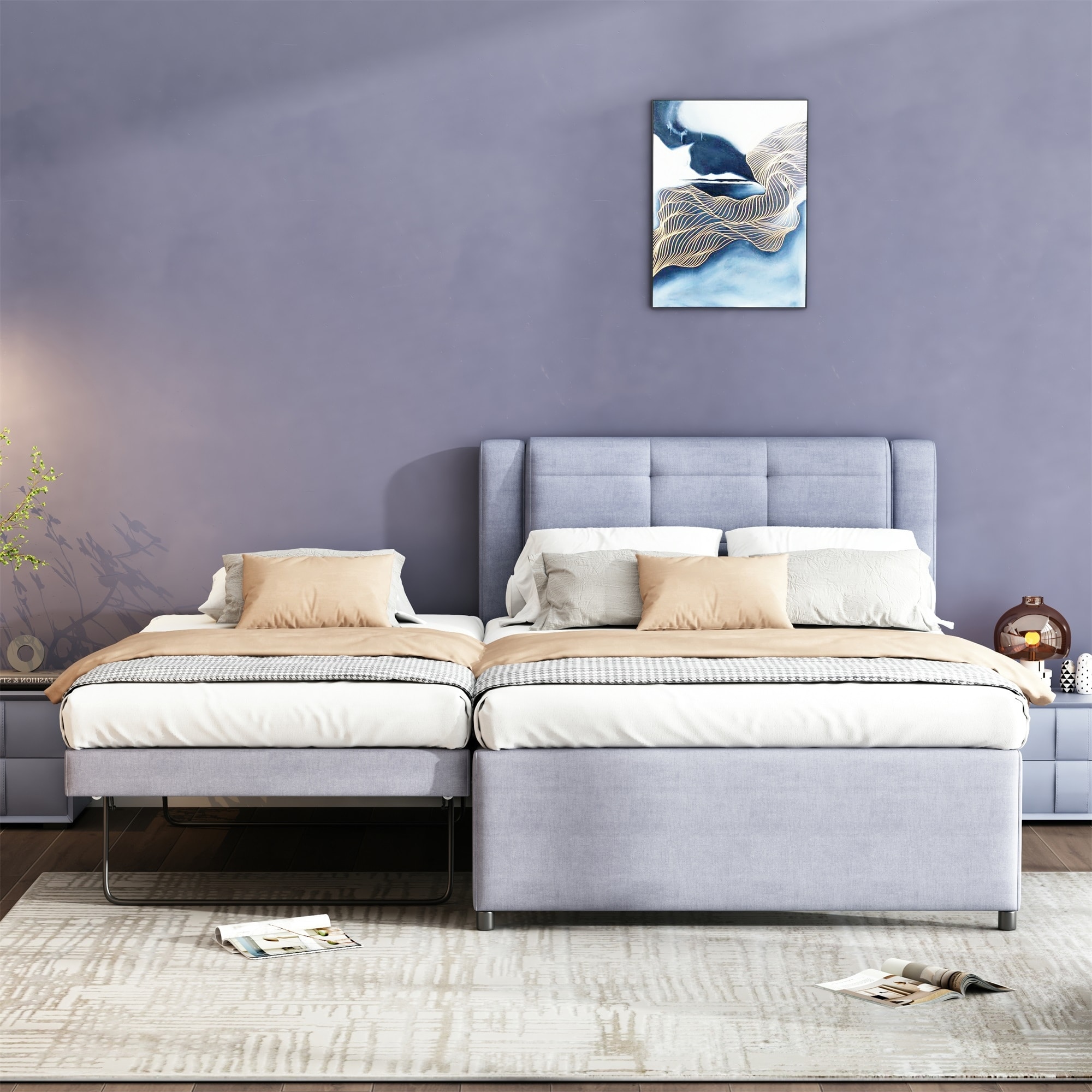 Grey Full Size Upholstery Platform Bed with Multifunctional Trundle