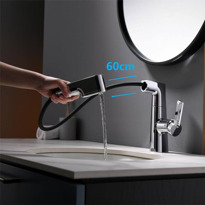 Modland 4-Way LED Pull Out Bathroom 7''-13''H Liftable Faucet Single Hole in White/ Chrome