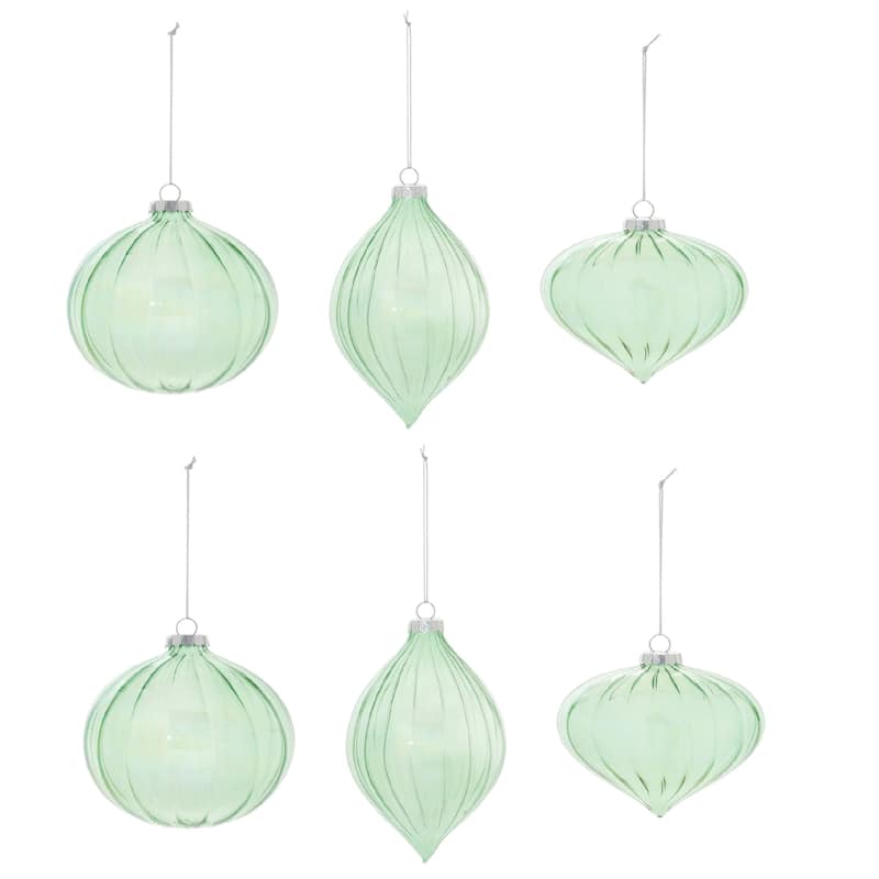 Set of 6 Green Glass Iridescent Ribbed Ornaments with Ball and Onion Shapes - 4” x 4” x 4” (L x W x H)