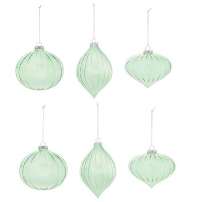 Set of 6 Green Glass Iridescent Ribbed Ornaments with Ball and Onion Shapes - 4” x 4” x 4” (L x W x H)