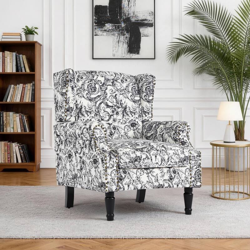 Wingback Accent Chair Nailhead Trim Living Room Reading Chair - Rococo Black