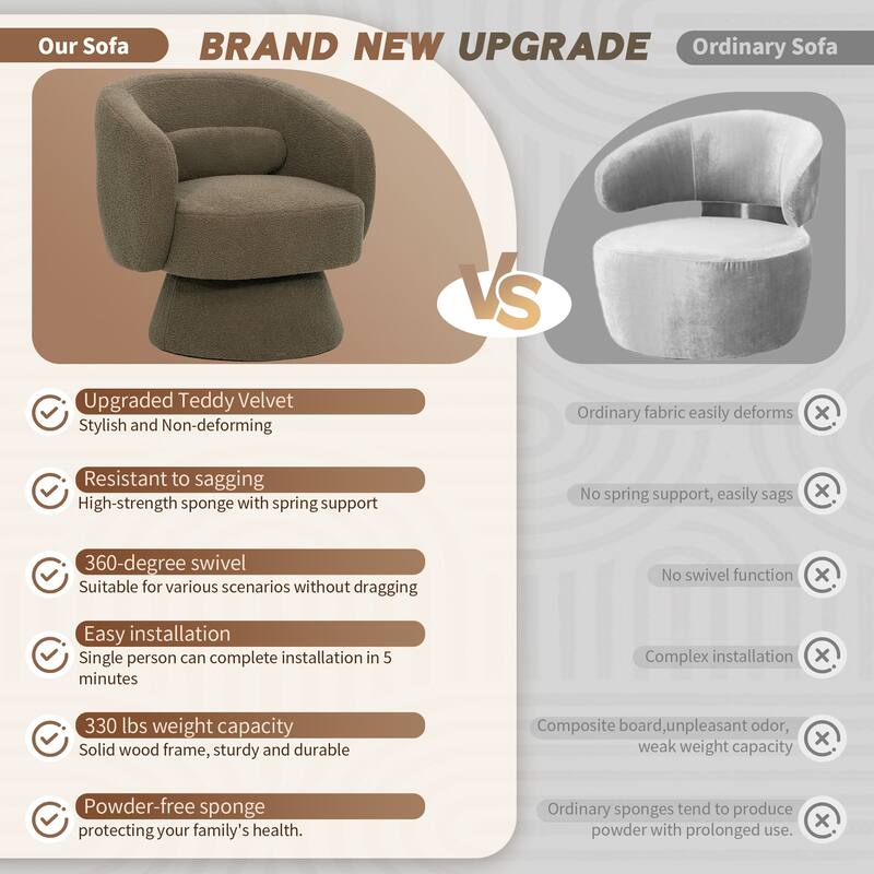 360° Swivel Accent Chair, Round Barrel Upholstered Armchair with Lumbar Cushion