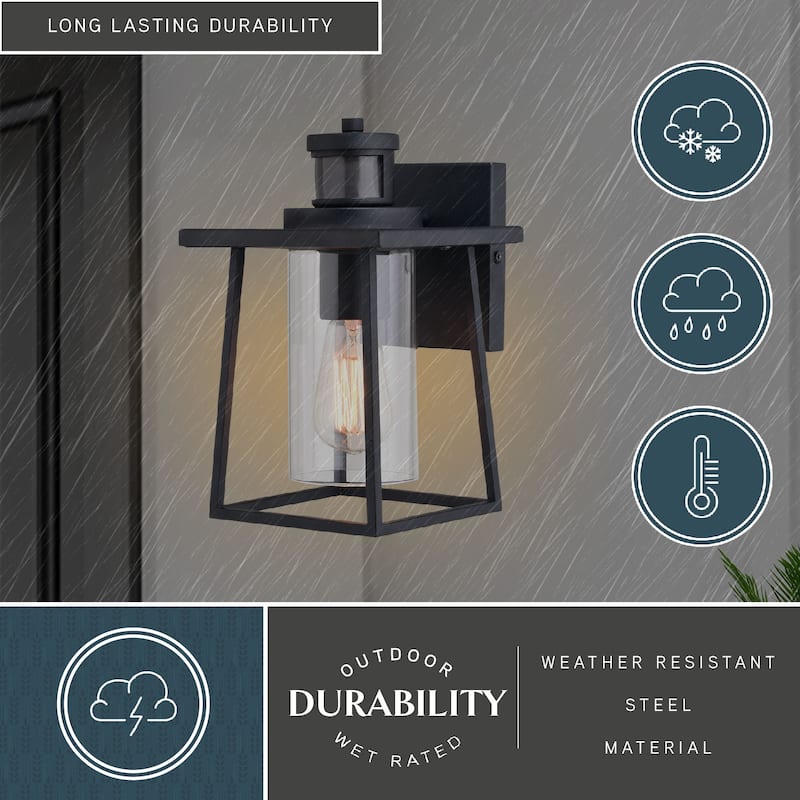 Geneva 7-in. W 1 Light Black Motion Sensor Dusk to Dawn Outdoor Wall Lantern Clear Glass - 7-in W x 11.25-in H x 7.75-in D