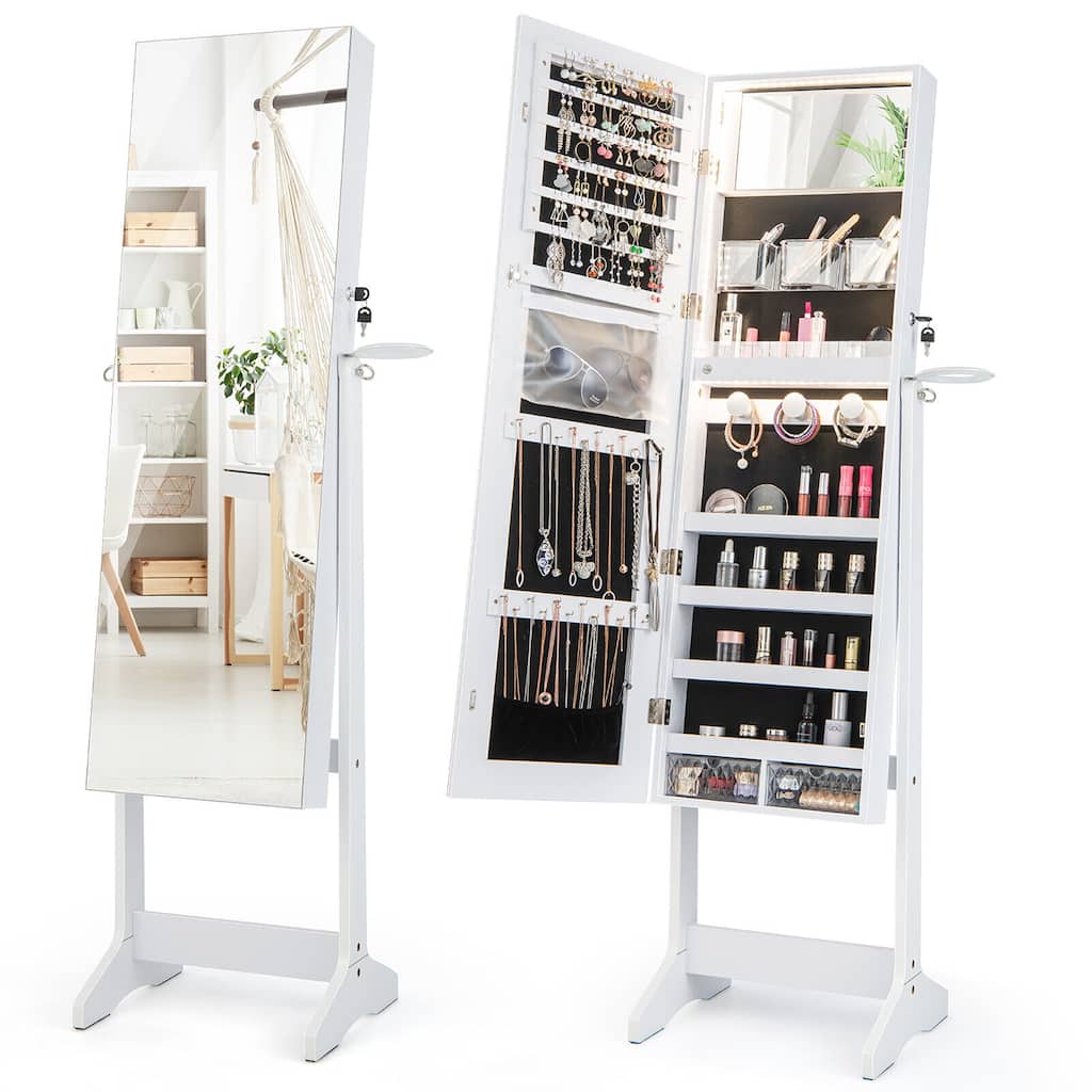 Gymax Standing Jewelry Cabinet Full Length Mirror Lockable w/ 3-Color