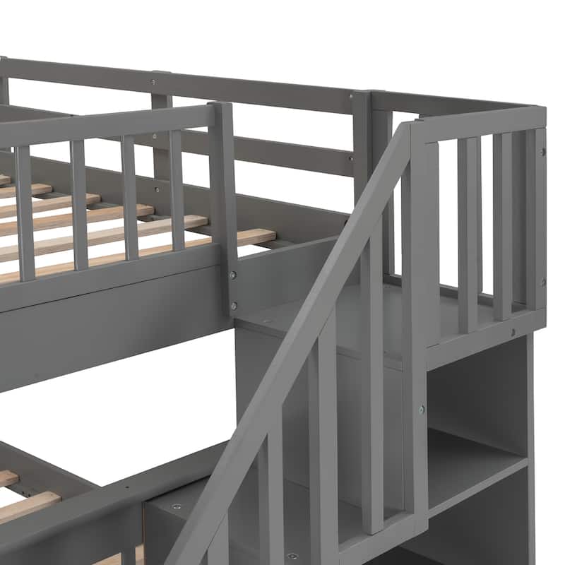Roomfitters Stairway Full Over Full Bunk Bed with Storage and Guard Rail, Space-Saving Frame for Bedrooms