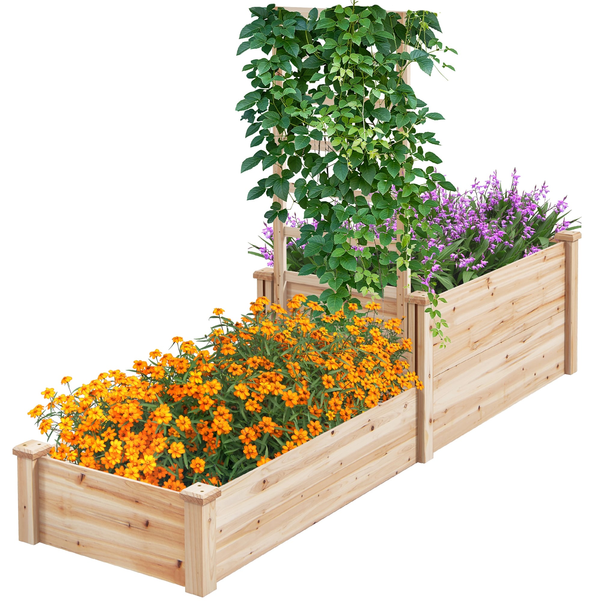 Gymax Raised Garden Bed w/ 2 Planter Boxes & Trellis Outdoor Wooden