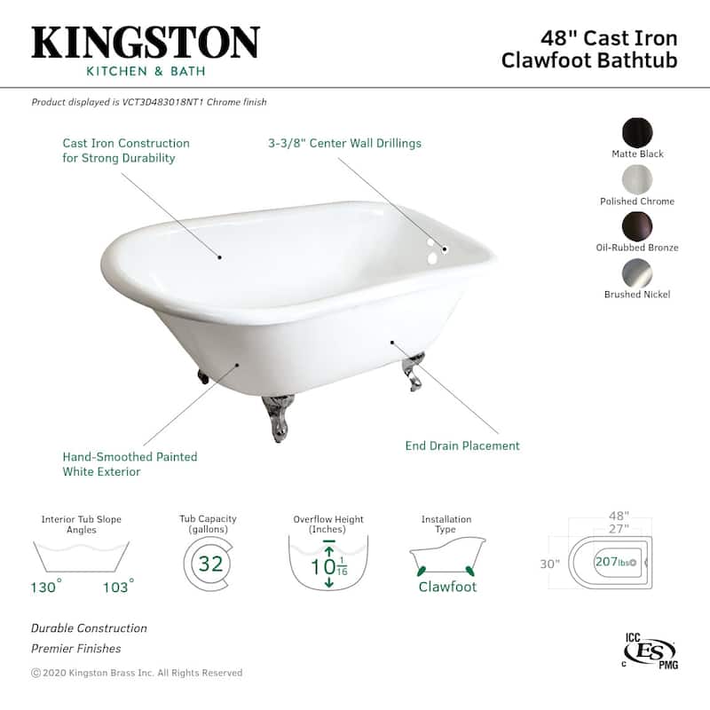 Kingston Brass Aqua Eden 48" Clawfoot Cast Iron Soaking Tub with
