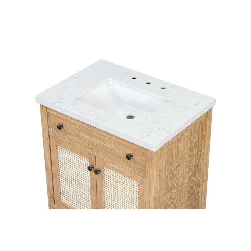 31" Cane Paneled Bathroom Vanity with Engineered Stone Top - 31 L x 22 D x 34 H