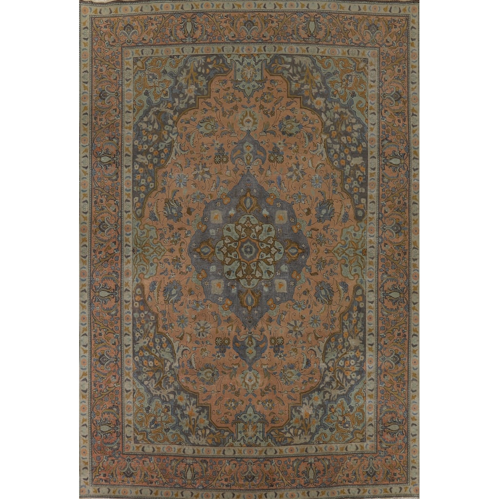 Distressed Tabriz Vintage Persian Rug Handmade Floral Wool Carpet - 9'7" x 13'0"