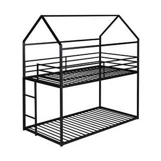 Twin Over Twin Bunk Bed for Kids, Metal House Bunk Beds w/Ladder & Safety Guardrail, Bunk Metal Bed, Twin Bed Frame for Kids